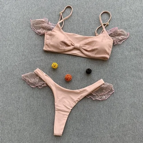 B664Pink Бикини с открытыми плечами, сексуальный кружевной сетчатый Купальник для женщин, бразильский комплект бикини с бантом, стринги, купальник для женщин, купальный костюм с пуш-ап - Цвет: B664Pink