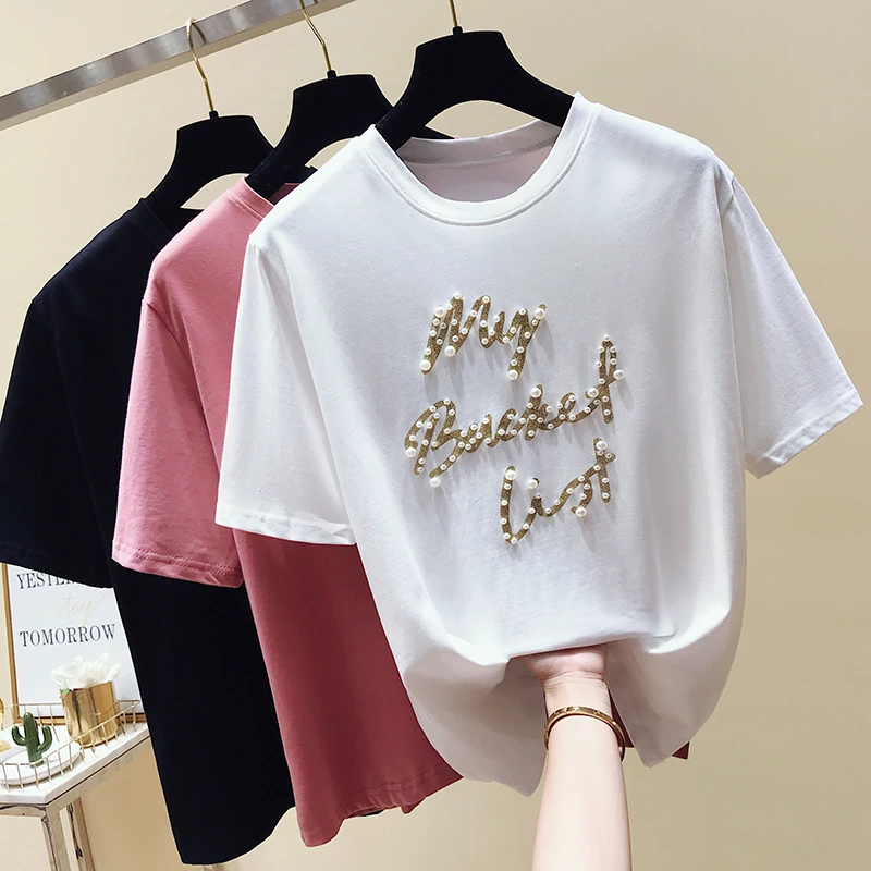 Уличная бисероплетенная розовая футболка с буквенным принтом 2019 летняя для