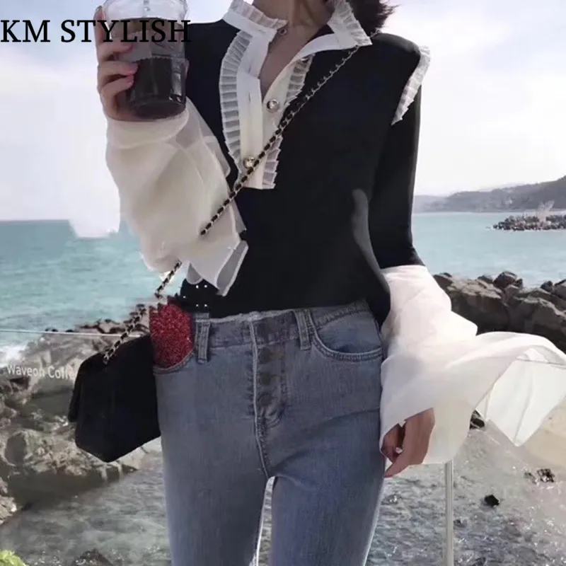 [NEW SALE] Women's Shirt Blouse Temperament Palace Elegant Fairy Hit Color Flounced Collar Trumpet Sleeve | Женская одежда