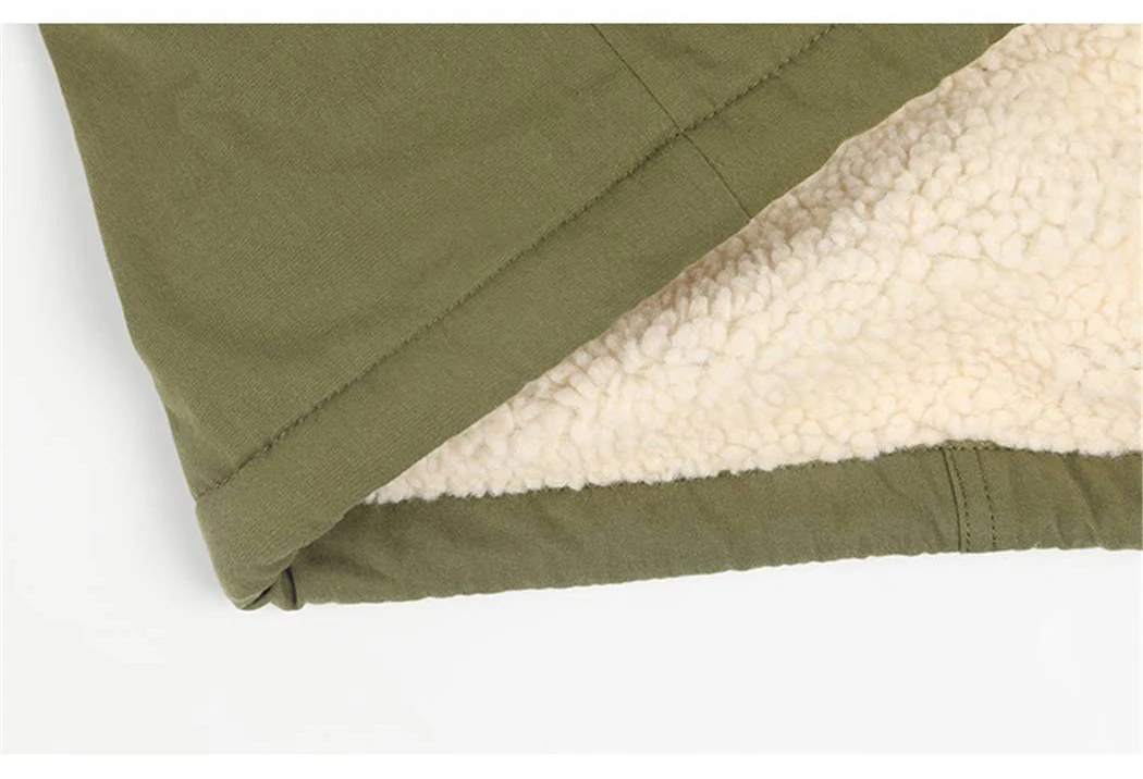 

Casual Women Hooded Long Parkas Coat Army Green Loose Female Winter Outwear Coats Lamb Wool Lined Cartoon Embroiderey Pocket