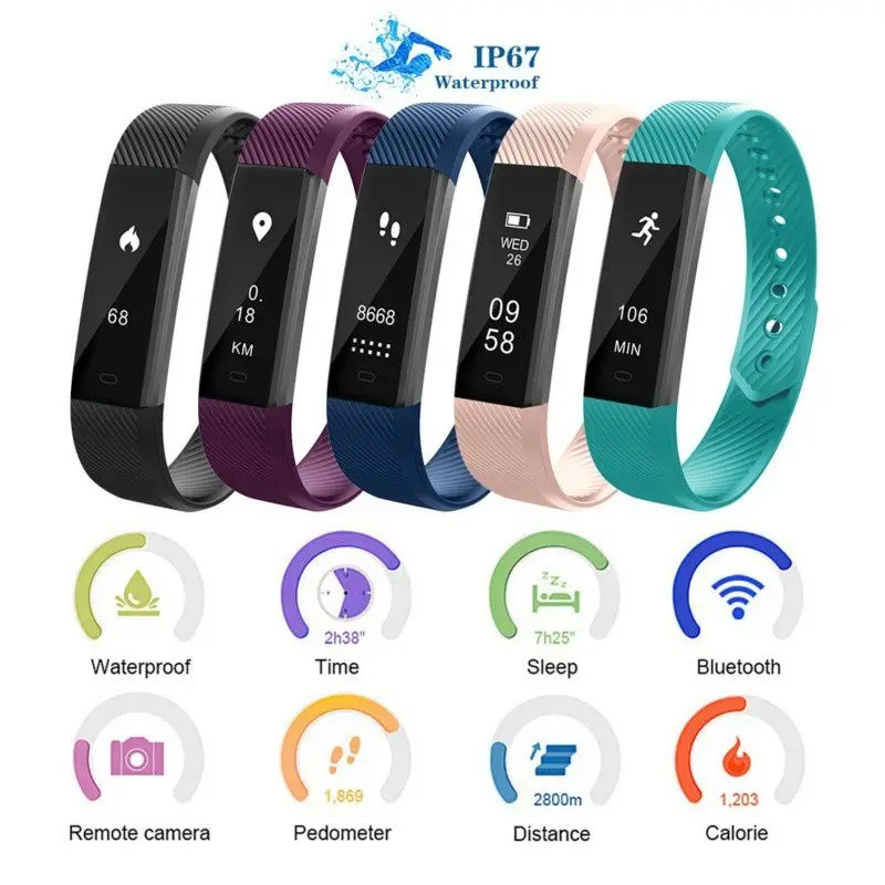 

ID115 Smart Bracelet Watch Fitness Tracker Step Counter Activity Monitor Band Alarm Clock Vibration Wristband IOS Android Phone