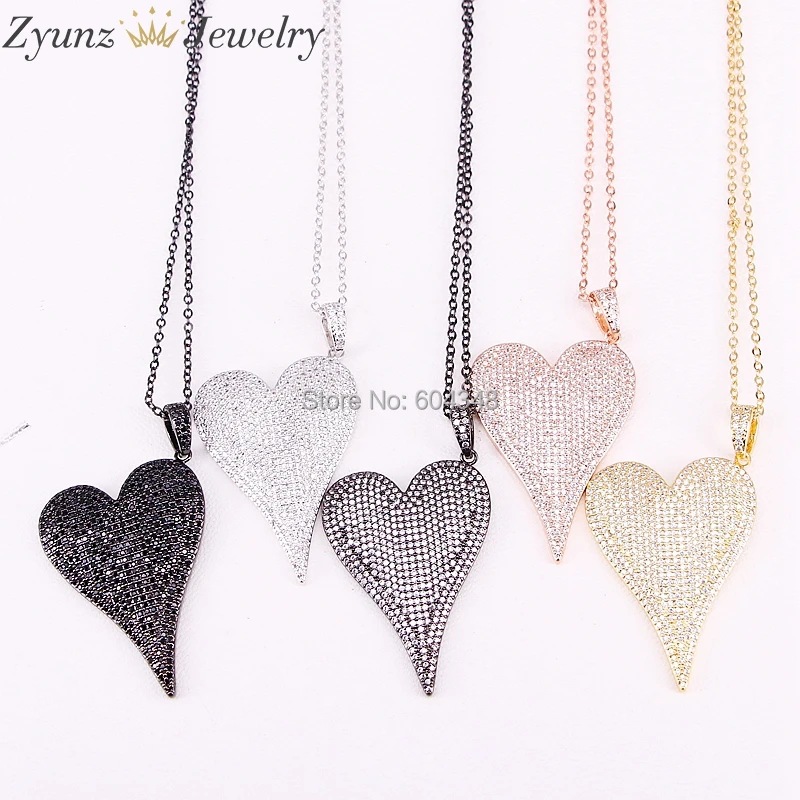 

5 Strands ZYZ300-4364 High quality long heart pendant necklace Slim chain necklace micro pave CZ lovely Pendant necklace jewelry