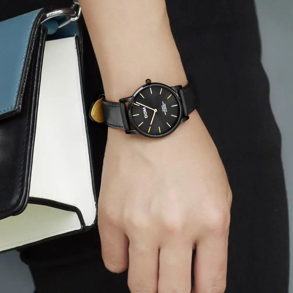 DOM модные женские часы топовые Роскошные брендовые черные кожаные