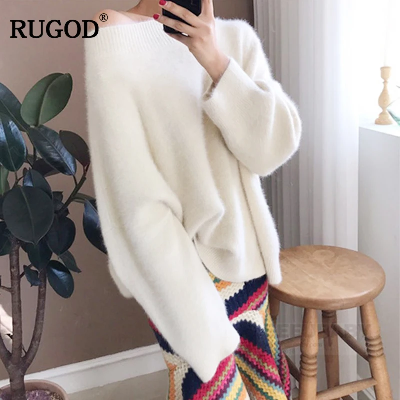 RUGOD 2019 Autumn and winter New White Pink Oversize Loose Slash Neck Hight Street style women sweater Pullovers korean | Женская одежда