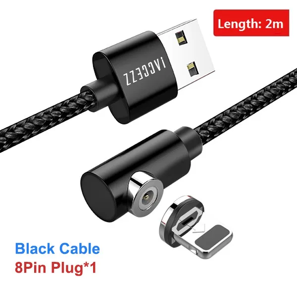 ACCEZZ 90 градусов быстрый Магнитный кабель Micro usb type C для iPhone 7 XS X 8 6 Plus samsung S7 S8 huawei магнитные кабели зарядного устройства 2 м - Цвет: For iPhone Black 2M