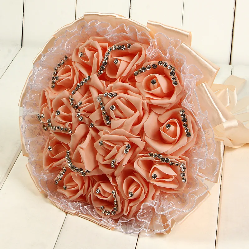 

Romantic Lace Rose Bridesmaid Wedding Bouquet Foam Handmade Flowers Rose Crystals Bridal Bouquet with Ribbon Bouquet De Mariage