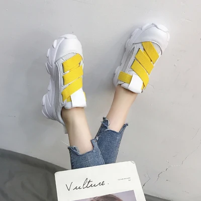 Yellow Женские кроссовки из дышащего сетчатого материала; коллекция года; сезон лето; повседневные женские кроссовки на толстой подошве; обувь на платформе; женская летняя обувь белого цвета - Цвет: Yellow