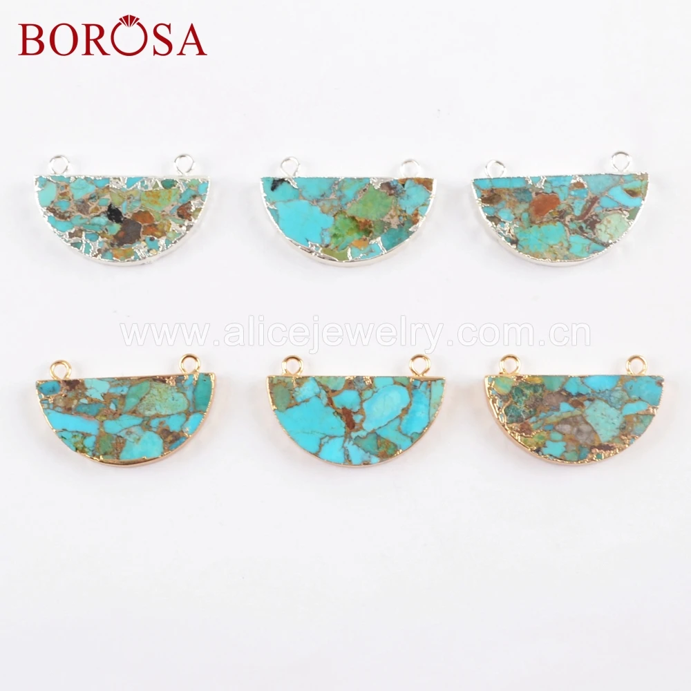 

BOROSA 5PCS Half Round Shape Copper Natural Turquoises Gold&Sliver Color Connector Double Charms Beads for Necklace G1689 S1689