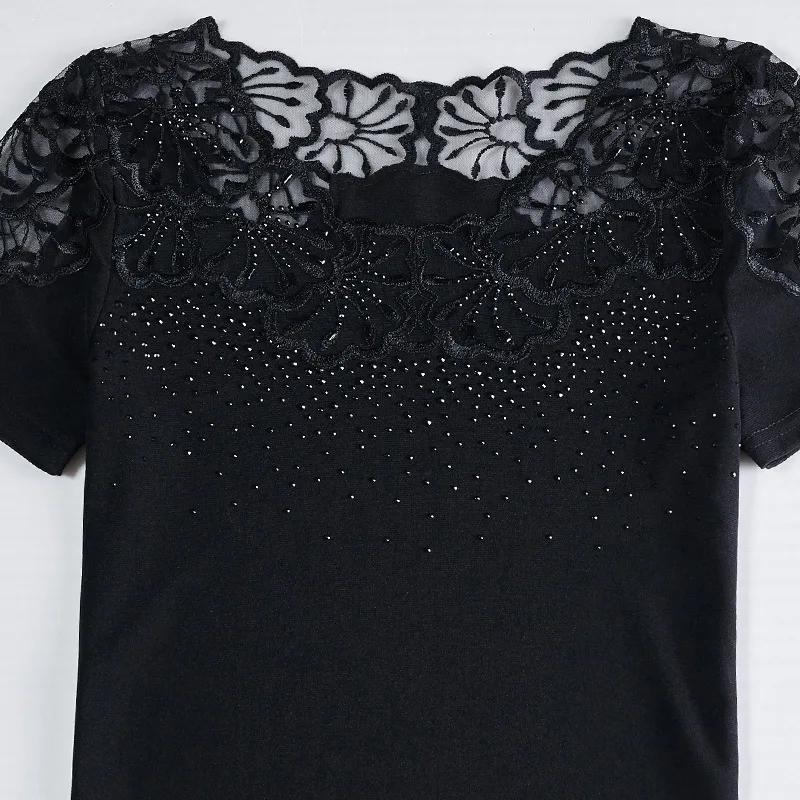 XXXXL сетки вышитые кружева алмаз Camisetas Mujer 2018 летняя футболка Для женщин с горный