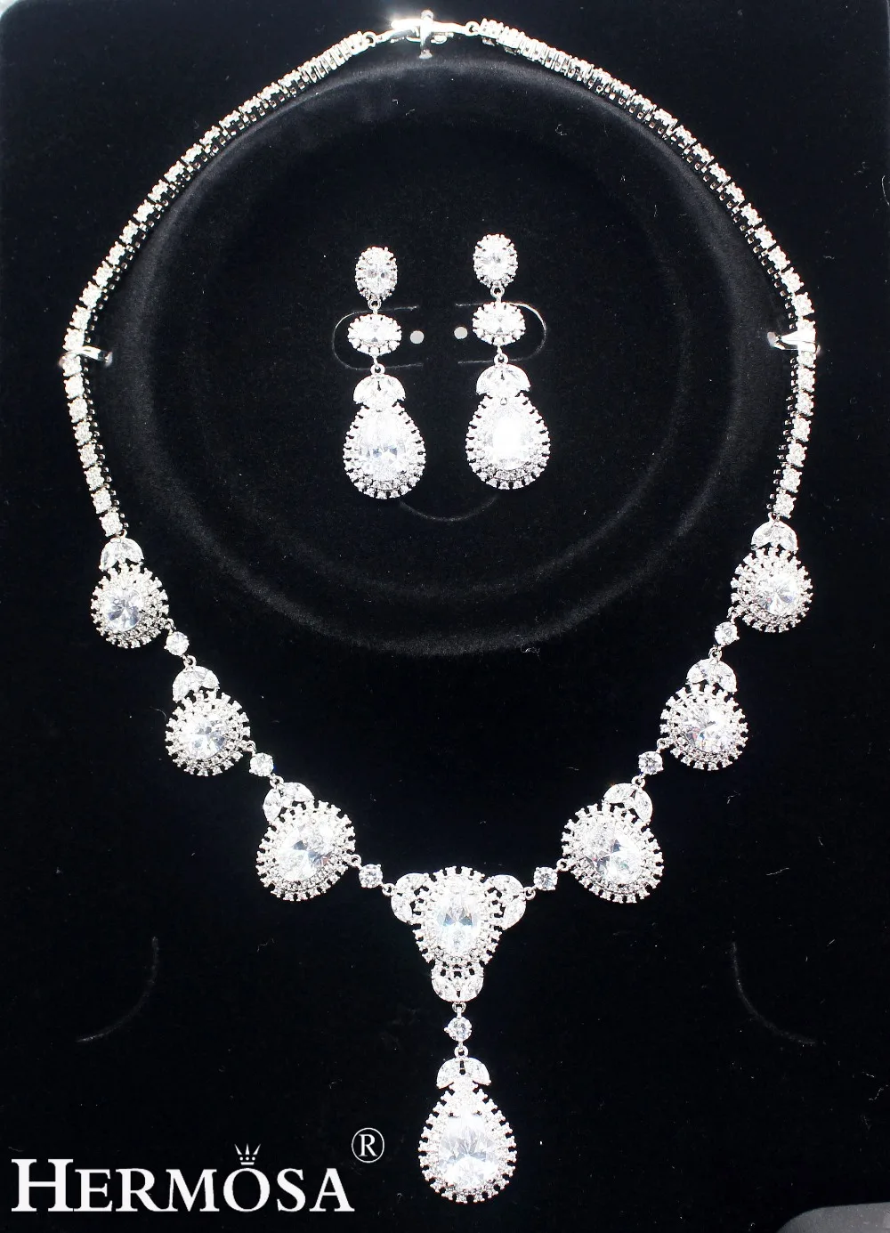 Великолепный Блестящий Белый Циркон Hermosa, роскошное женское серебряное ожерелье и серьги, Свадебный комплект ювелирных изделий для невесты
