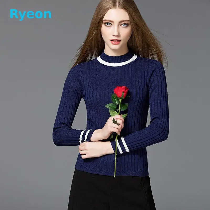 Прямо Полоса Случайный Осень Зима Женщины Свитер 2016 Ryeon Вязание Половина