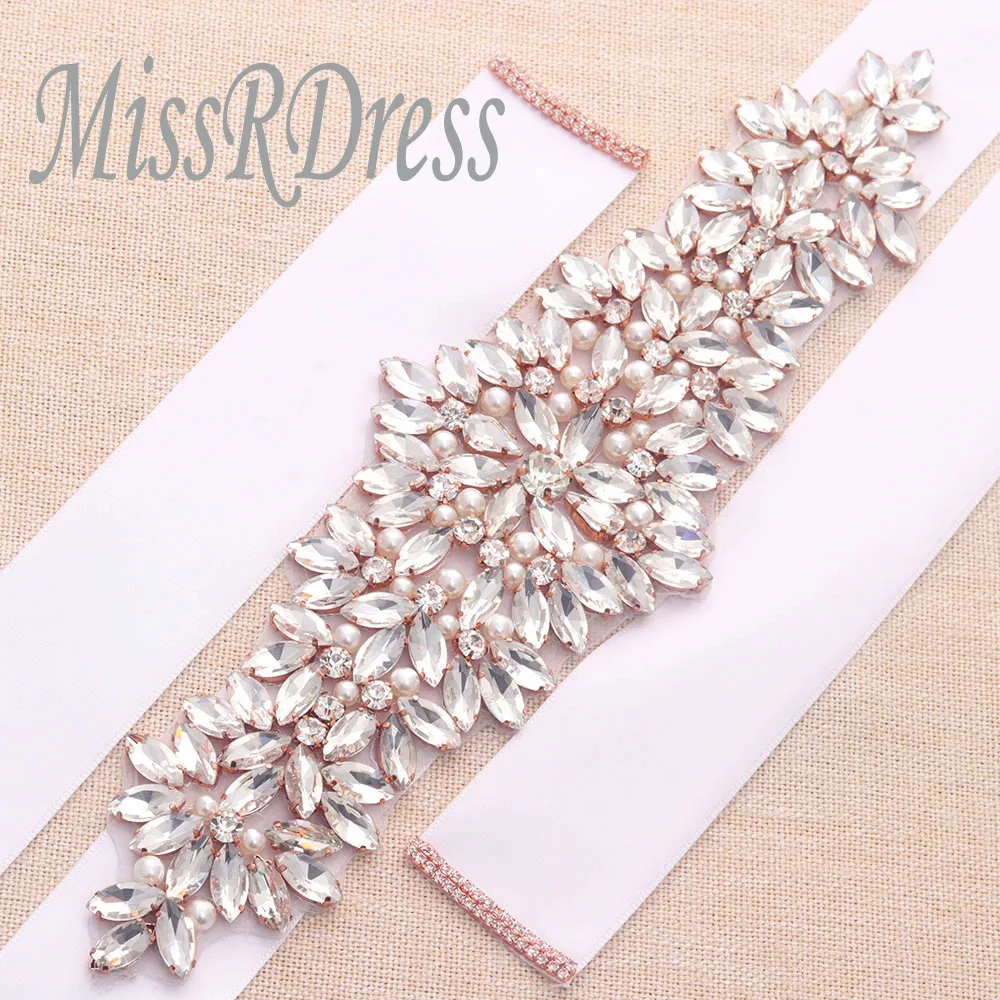 

MissRDress Pearls Wedding Belt Sash Rose Gold Crystal Bridal Belt Rhinestones Wedding Sash For Bridal Bridesmaid Dresses JK825
