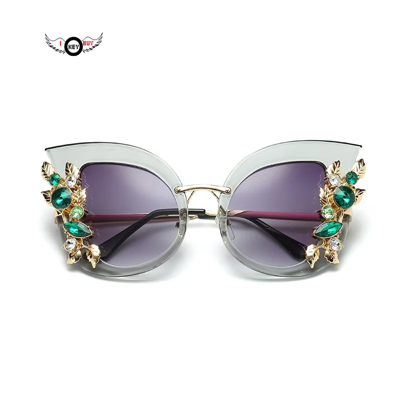 Diamond Flowers Sun Glasses Cat Eye Sunglasses Women Ladies Oversized Metal Frame Gradient Gafas Sunwear Female Eyewear