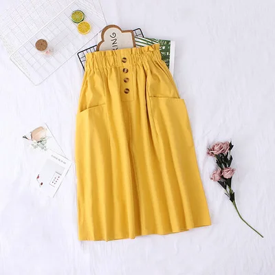 yellow PEONFLY/Новинка года; летние женские юбки до середины икры в Корейском стиле на элегантных кнопках с карманами; юбка с завышенной талией; женская плиссированная школьная юбка - Цвет: yellow