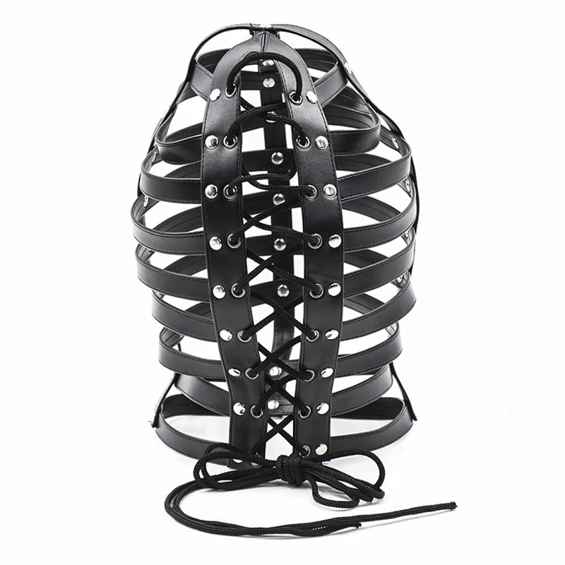 Новинка искусственная кожа жгут головы маска Готический Strappy шипованных полный капюшон Фетиш ведомого связывание сдержанность эротич