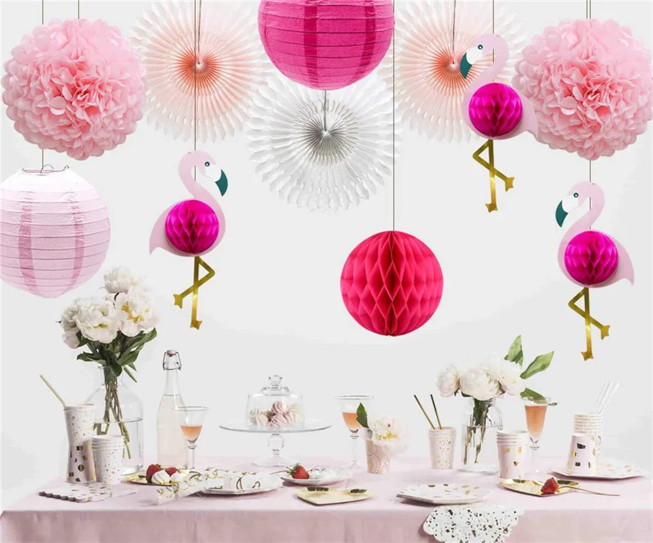 VOGVIGO 11Pcs Pink Flamingo Party Honeycomb DecorationTissue Paper Flowers Paper Fans for Girl Birthday Party Decoration