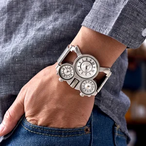 Часы наручные Oulm Мужские кварцевые, брендовые Роскошные уникальные с 3 маленькими циферблатами, с сетчатым ремешком