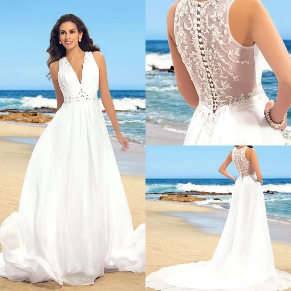 

New Beach Lace Appliques Bride Dress New Cap-Sleeves Buttons White/Ivory Chiffon Wedding Dresses 2019