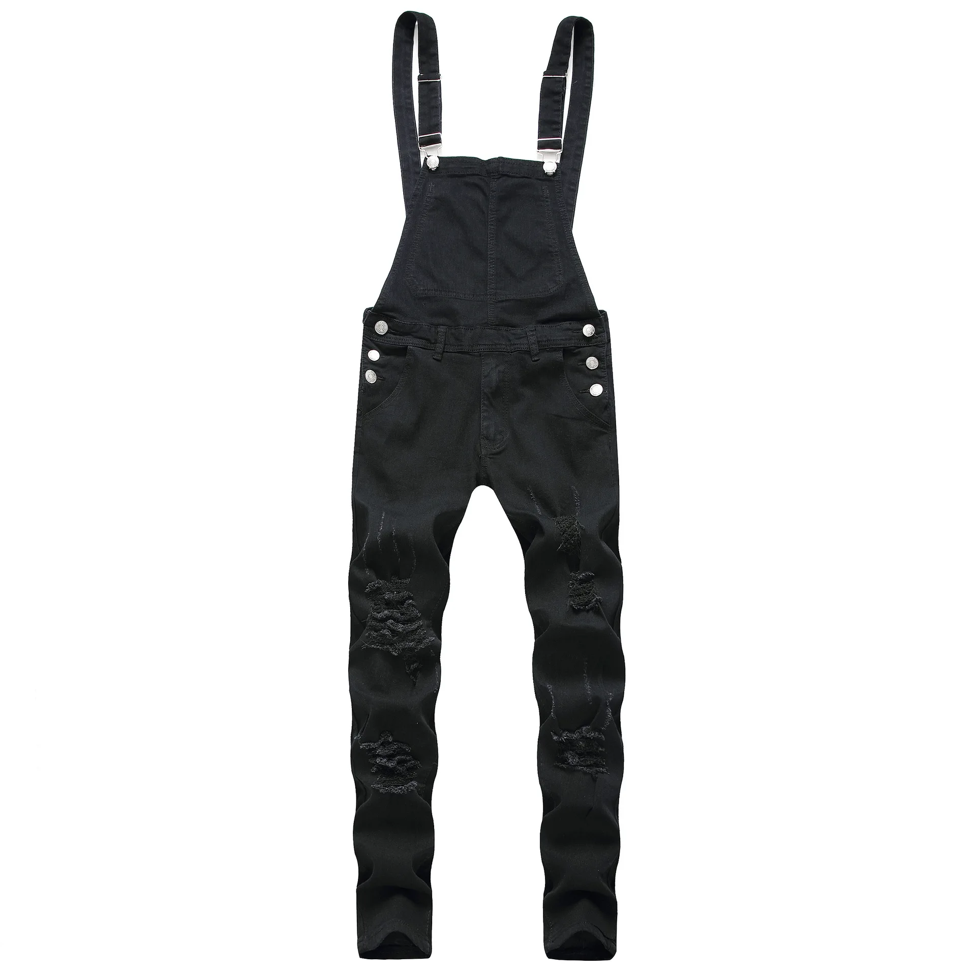 

Fashionable man's suspenders denim jumpsuit ripped jeans trousers overalls European dropshipping cotton high-grade pants