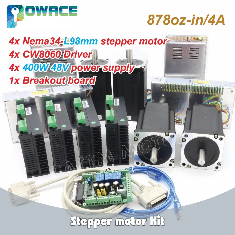 

[EU Stock] 4 Axis Nema34 98mm 878oz-in Stepper Motor 4.0A + Driver 6A/80VDC 256 Microstep + 400W 48V Power Supply