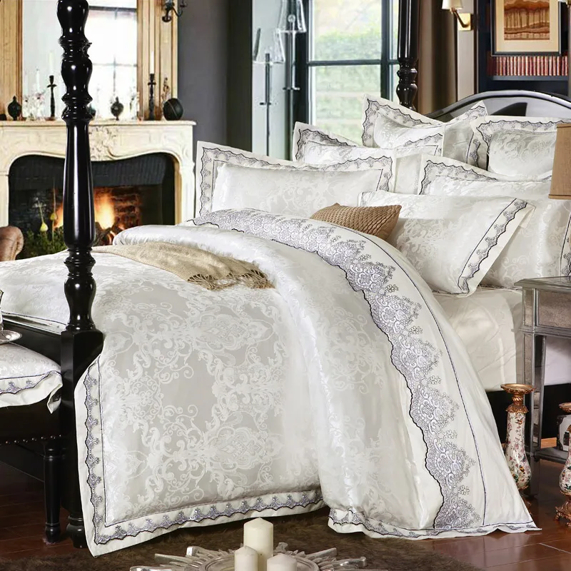 

IvaRose 4/6 Pieces white lace Jacquard Silk Cotton Luxury Bedding Set King Size Queen Bed Set Duvet Cover Bed Sheet Pillowcase