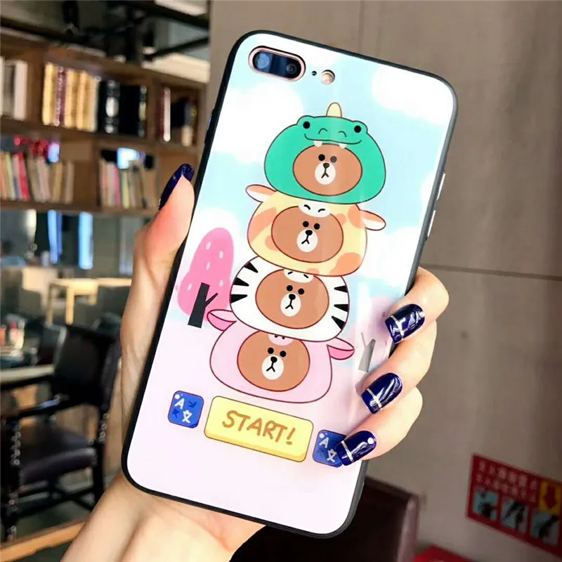 Cute Cartoon Bear minnie Tempered Glass soft Edge Case for iPhone 7 8 6 6s plus X Funny Stacked bear love heart coque cover |