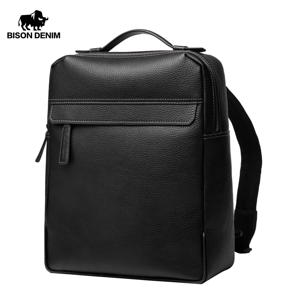BISON DENIM мужские рюкзаки из коровьей кожи Большие 14 дюймовые для ноутбука кожаные