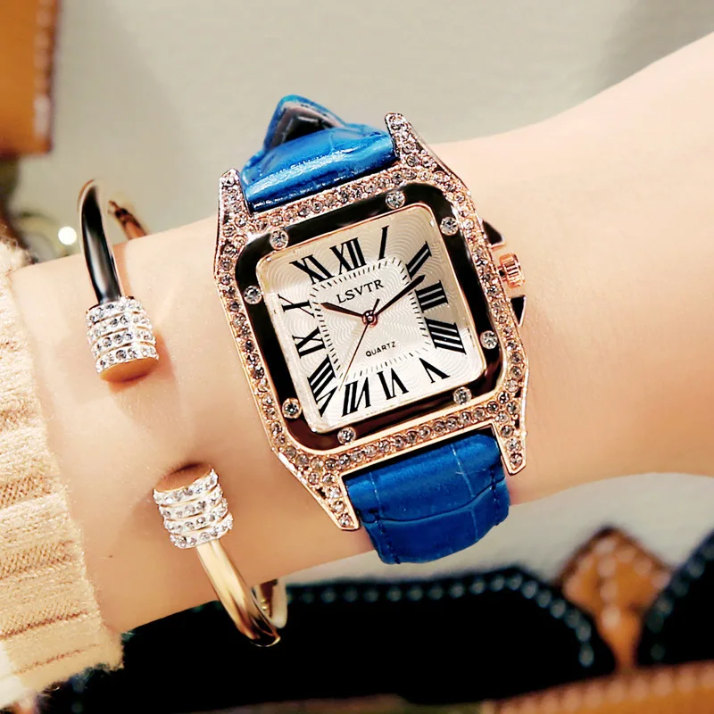 

2020 Women Square Wrist Watch Diamond Ladies Dress Crystal Quartz Clock Leather Strap Bracelet Watch Zegarek Damski Montre Femme