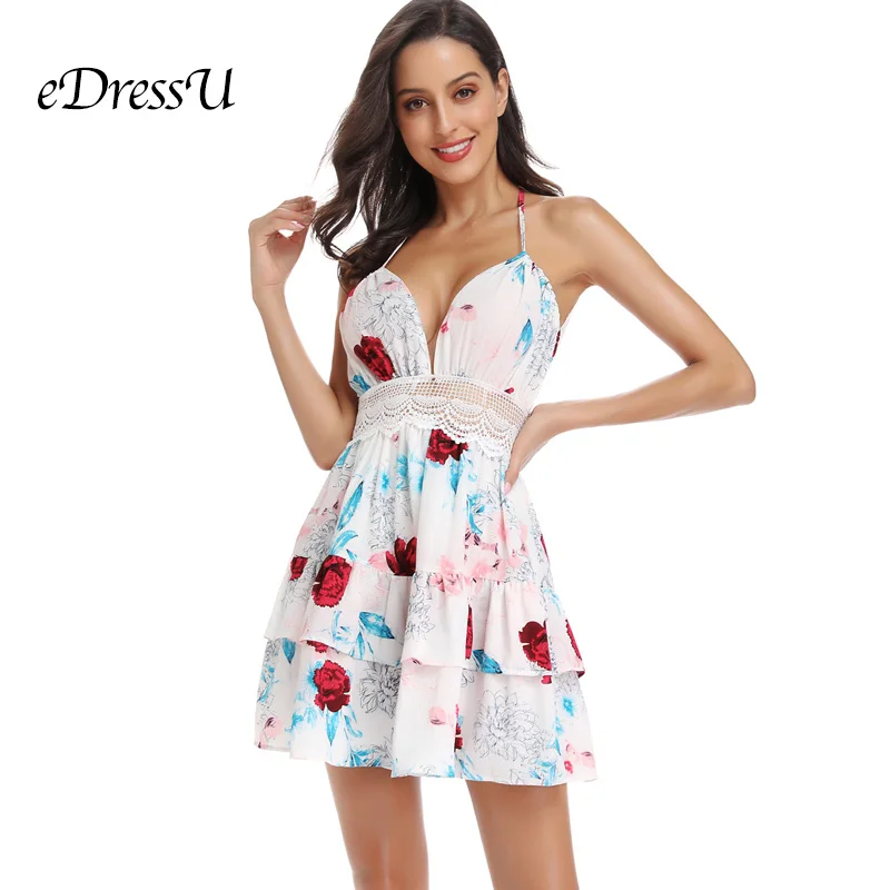2019 Women Short Print Summer Dress Sexy V Cut Layers Halter Lace Bohemian Holiday Beach Wear eDressU HZ-1106 | Женская одежда