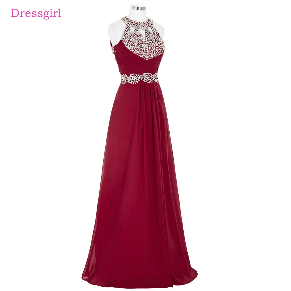 

Burgundy Prom Dresses A-line Halter Chiffon Beaded Crystals Backless Women Long Prom Gown Evening Dresses Robe De Soiree