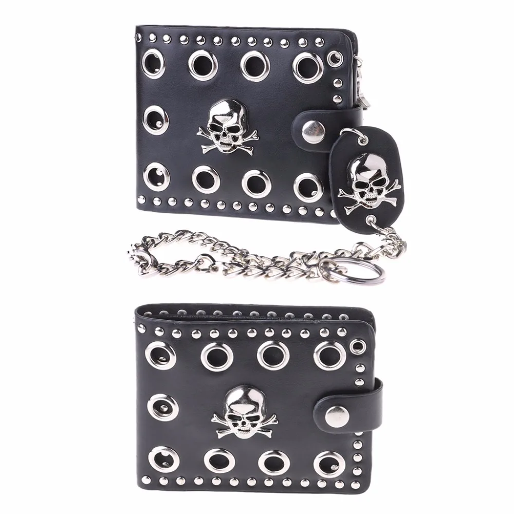 

THINKTHENDO Vintage Men Short Purse Boys Goth Skull Head Cross Black Leather Biker Hasp Wallet with Long Key Chain 48cm
