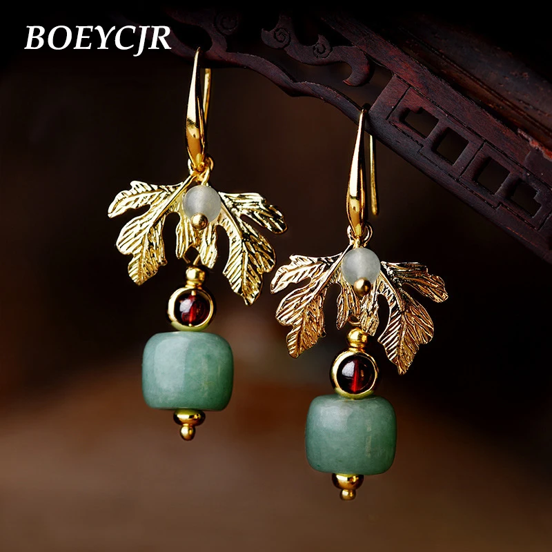 

BOEYCJR Ethnic Gold Color Leaf Stone Bead Drop Earrings Handmade Vintage Jewelry Hook Earrings Dangle Earrings for Women