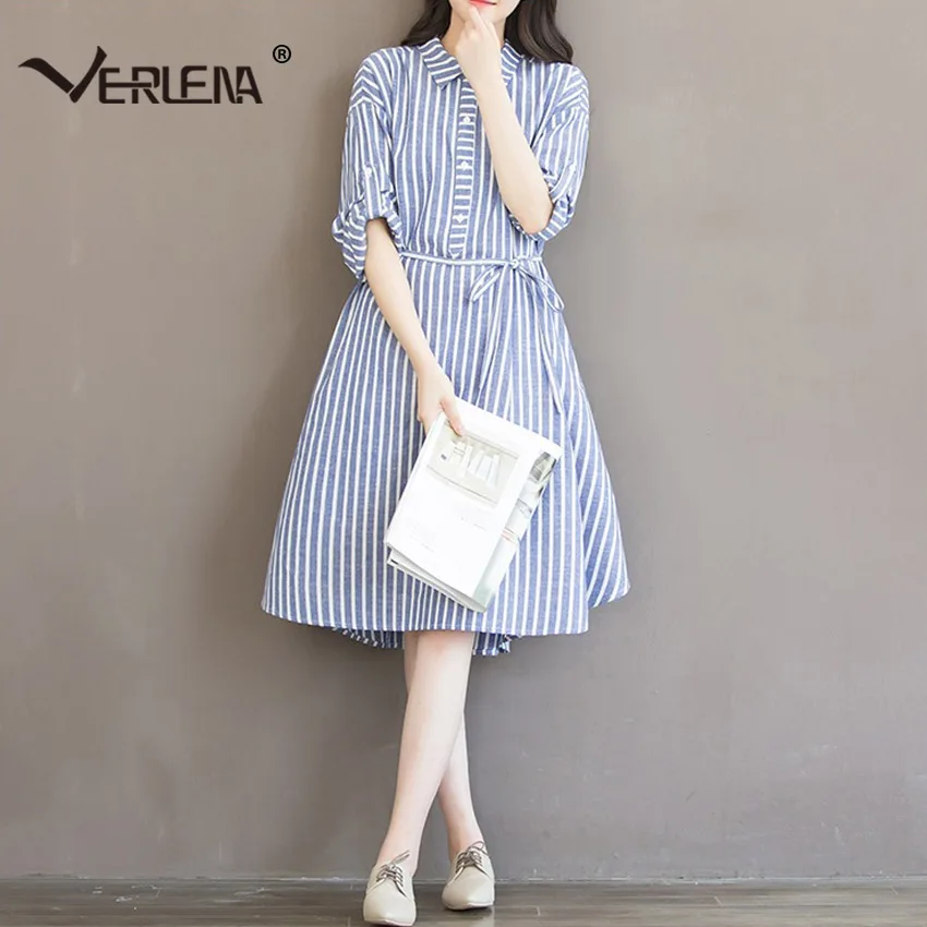 Verlena 2018 Plus Size White Stripe Summer Dress Line Button in Front Curved Hem Loose Women Linen Vestidos Knee Dresses | Женская