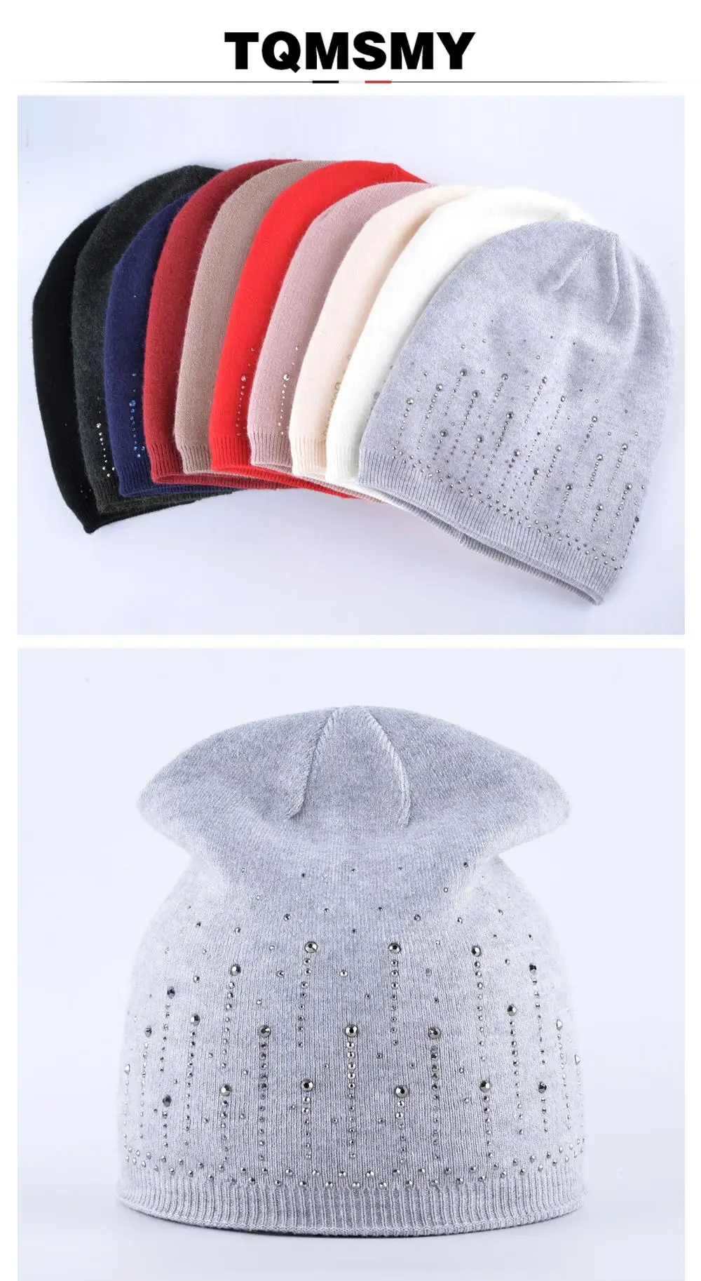 Повседневные вязаные шапки из кроличьей шерсти, женские шапки skullies, зимние шапки для девочек, мигающие бриллианты, двухслойная женская шапка gorros