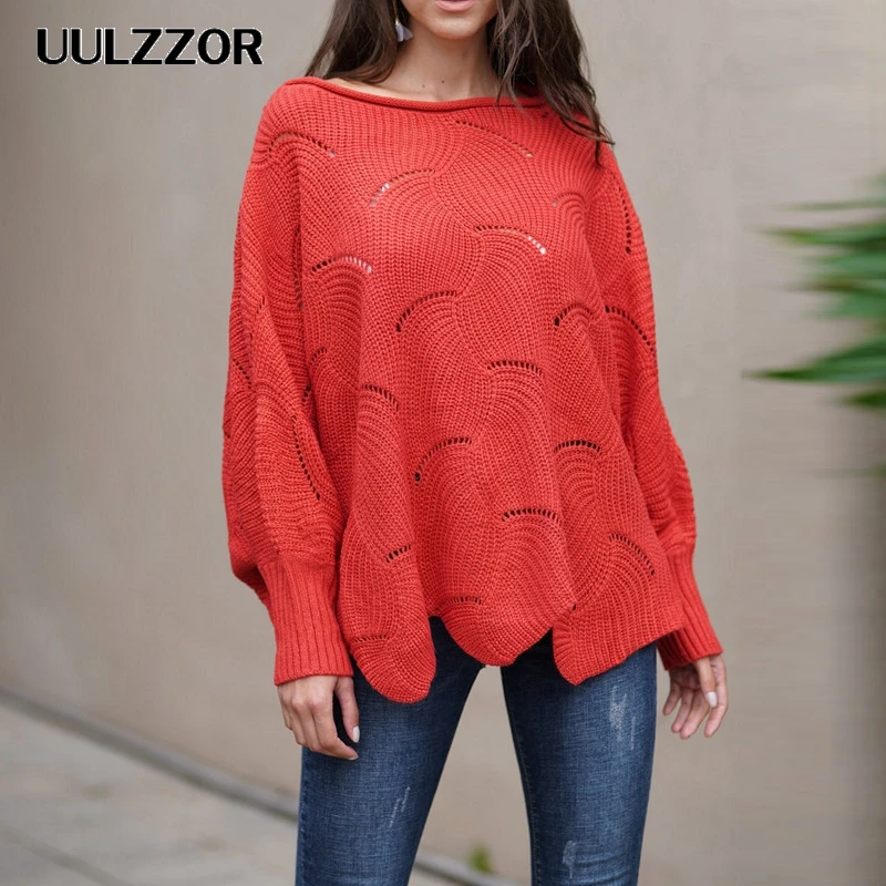 UULZZOR Loose Solid Hollow Out Women sweater Spring Autumn Sweaters Fashion Pullover Long Sleeve Knitted Female | Женская одежда