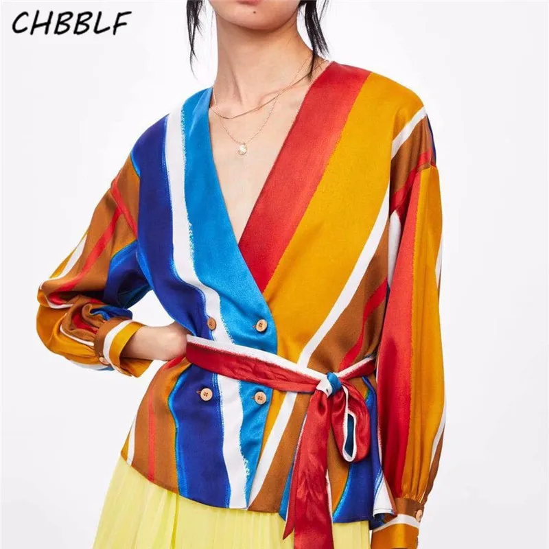 CHBBLF Женская стильная разноцветная полосатая блуза с v-образным вырезом и длинным