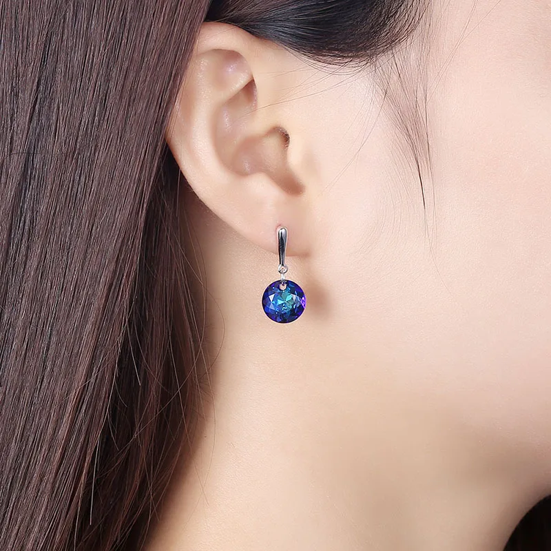 

Round Blue Crystals From Swarovski Drop Earrings For Women Elegant 925 Sterling Silver Ear Fine Jewelry Wedding Anniversary Gift