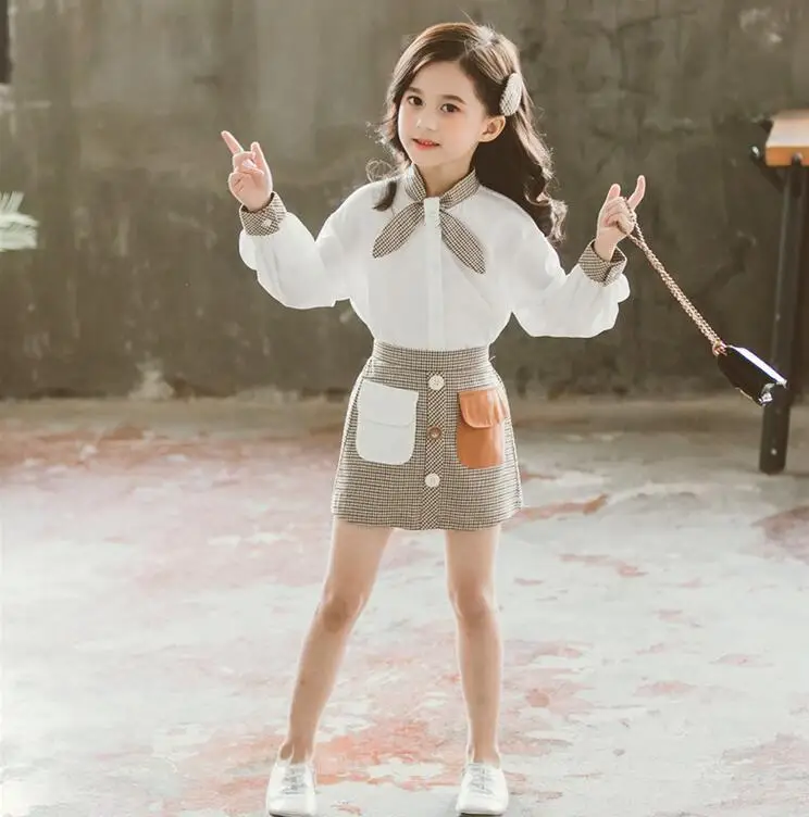 new wholesale girls 2 pcs set bow blouse+skirt fashion autumn girls suit 4-9t B956