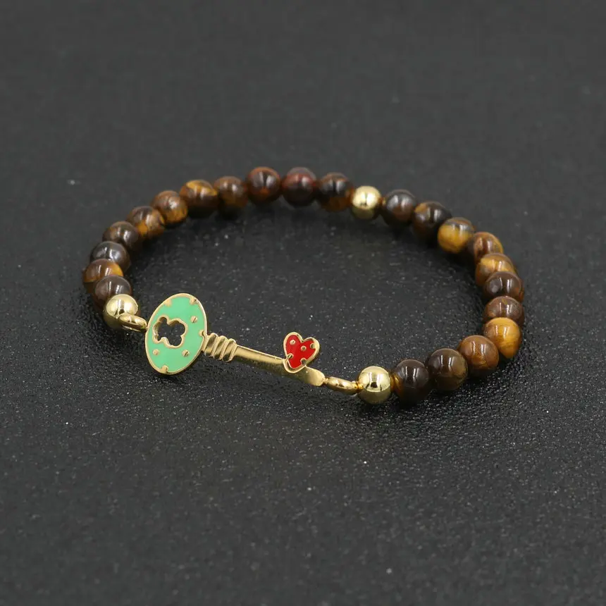 key tiger eye Модный браслет из нержавеющей стали с бусинами для мужчин, золотой цвет, Love Key, натуральный камень, очаровательные браслеты для женщин, пара Pulseira - Окраска металла: key tiger eye