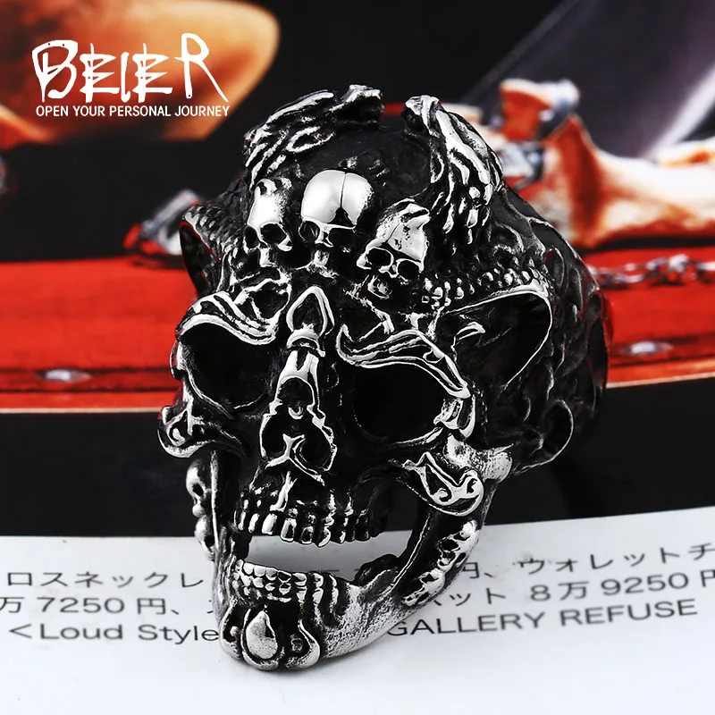 steel colour BEIER, панк, крутой, три черепа, модное большое кольцо, нержавеющая титановая сталь, Панк Мода для мужчин, ювелирные изделия, на Хэллоуин, вечерние BR8-526 - Цвет основного камня: steel colour