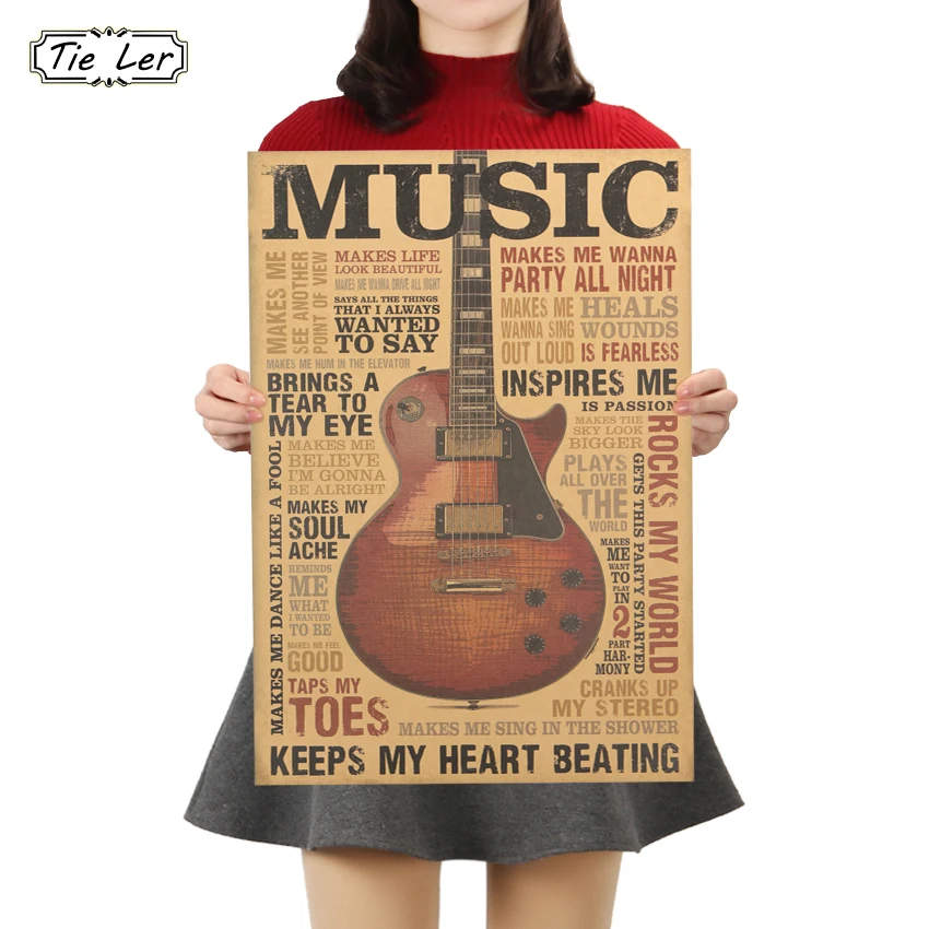

TIE LER Music Guitar A Style Poster Classic Nostalgic Vintage Kraft Paper Poster Bedroom Living Room Wall Sticker