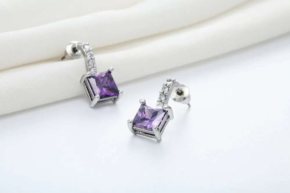 Kinitial Purple Square Cut Flawless Cubic Zirconia Post Claw Stud Earrings Brincos Grandes Para Mulher images - 6