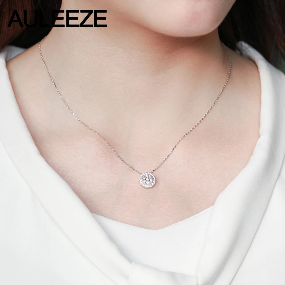 AULEEZE, 18 K, белое золото, настоящее бриллиантовое ожерелье, круг, сверкающая оправа, 0,47 CTTW, Бриллиантовая подвеска, Женская Цепочка-ключица