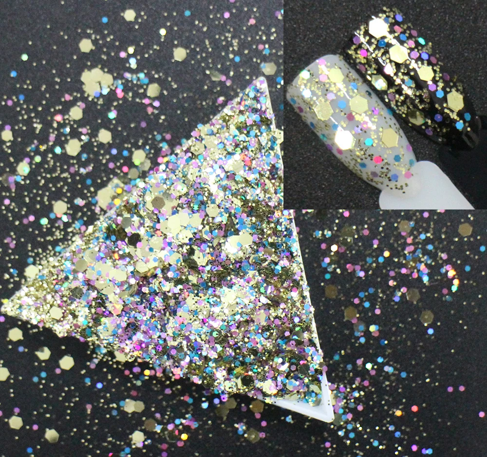 30g~500g, Mix Sizes Hexagons Shapes Sequins, Luxury Gold Colors Shining Slices 3D nail art glitters paillettes