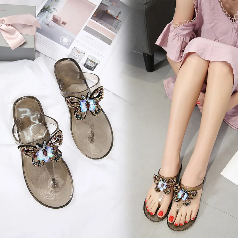 Т образной формы бисером Летние вьетнамки Хрустальная Бабочка прозрачная обувь