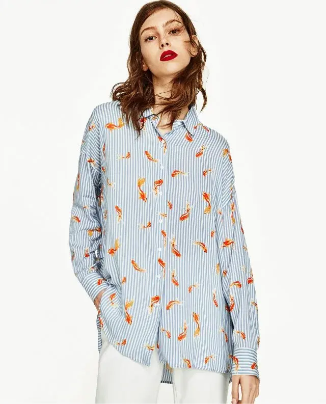 2017 Новый Золотая Рыбка Печати С Длинным Рукавом Блузки Рубашки Женщин Топ-Моды |