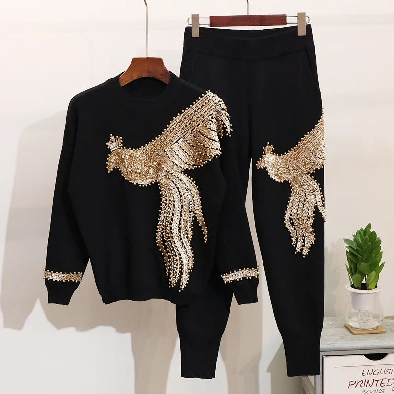 

Amolapha Women Winter Handmade Beading Sequined Pattern Long Sleeve Knitted Pullover Tops Trousers 2PCS Clothing Sets