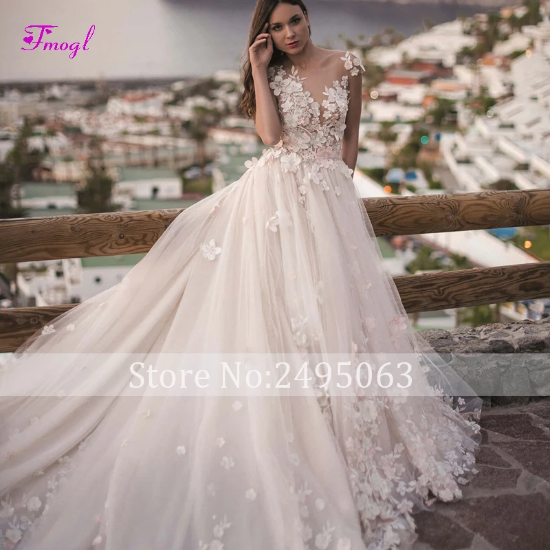 Vestido de Noiva с глубоким круглым декольте расшитые бисером цветы трапециевидной формы свадебные платья Великолепные Аппликации корт Поезд Кружева Свадебное платье принцессы