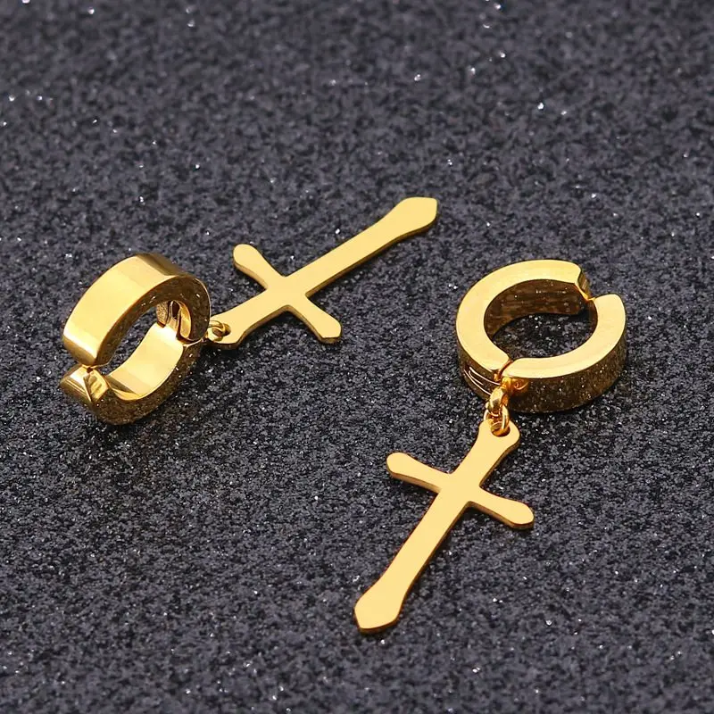 Gold Серьги-Клипсы из нержавеющей стали, не пирсинг, для женщин и мужчин, черный, серебристый, золотой, крест, готический, панк, рок, Pendientes Falsos - Окраска металла: Gold