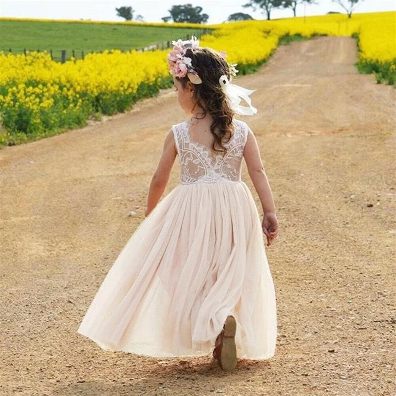 Летнее платье для девочек нарядная одежда красивое кружевное свадебное
